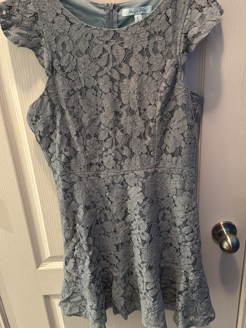 She + Sky Steel Gray Floral Lace Mini Dress